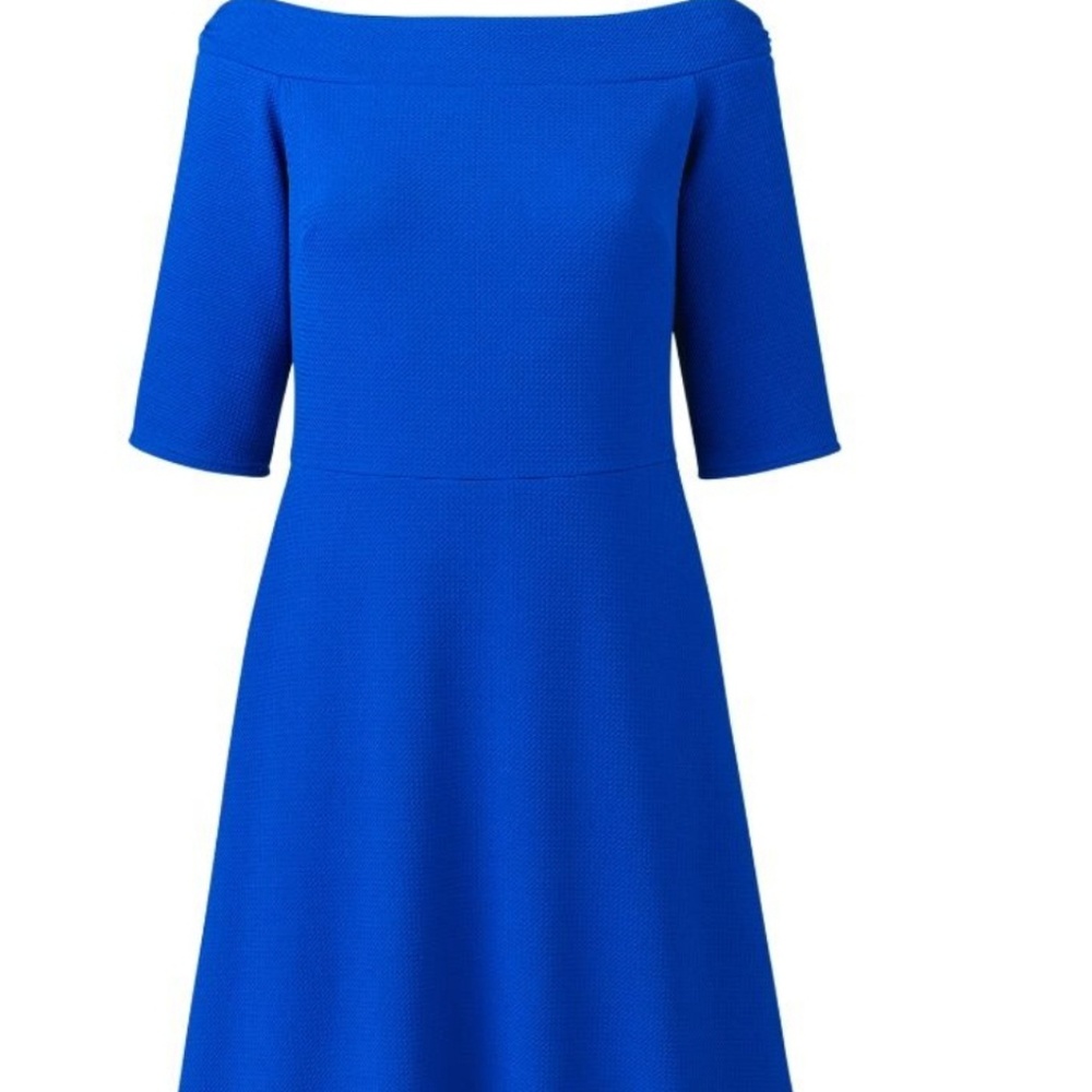 Blue bardot knee length fit and flair dress